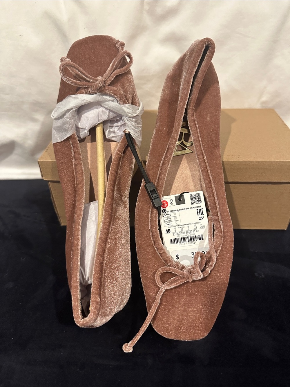 Zara NWT Velvet Bow Ballet Flats - Mauve Pink Size 40